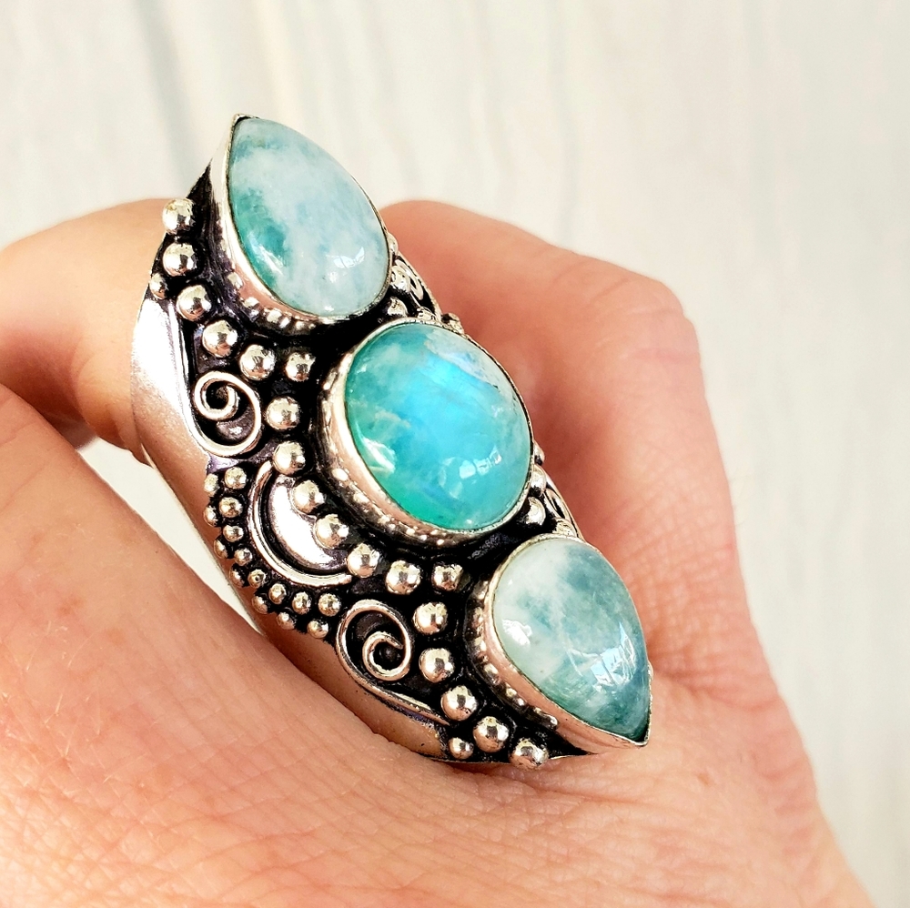 New Rainbow Moonstone 925 Silver Statement Ring.